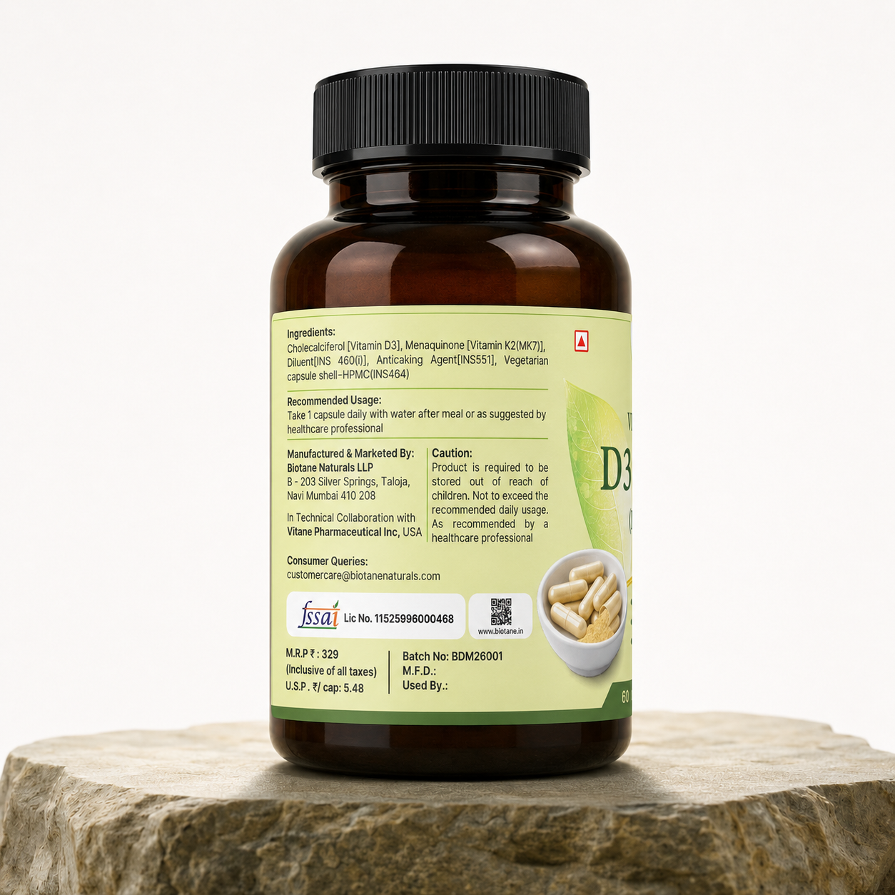 Biotane Vitamin D3&K2 Capsules| Supports Bone Health, Calcium Absorption & Immune Support Supplement | 60 Capsules
