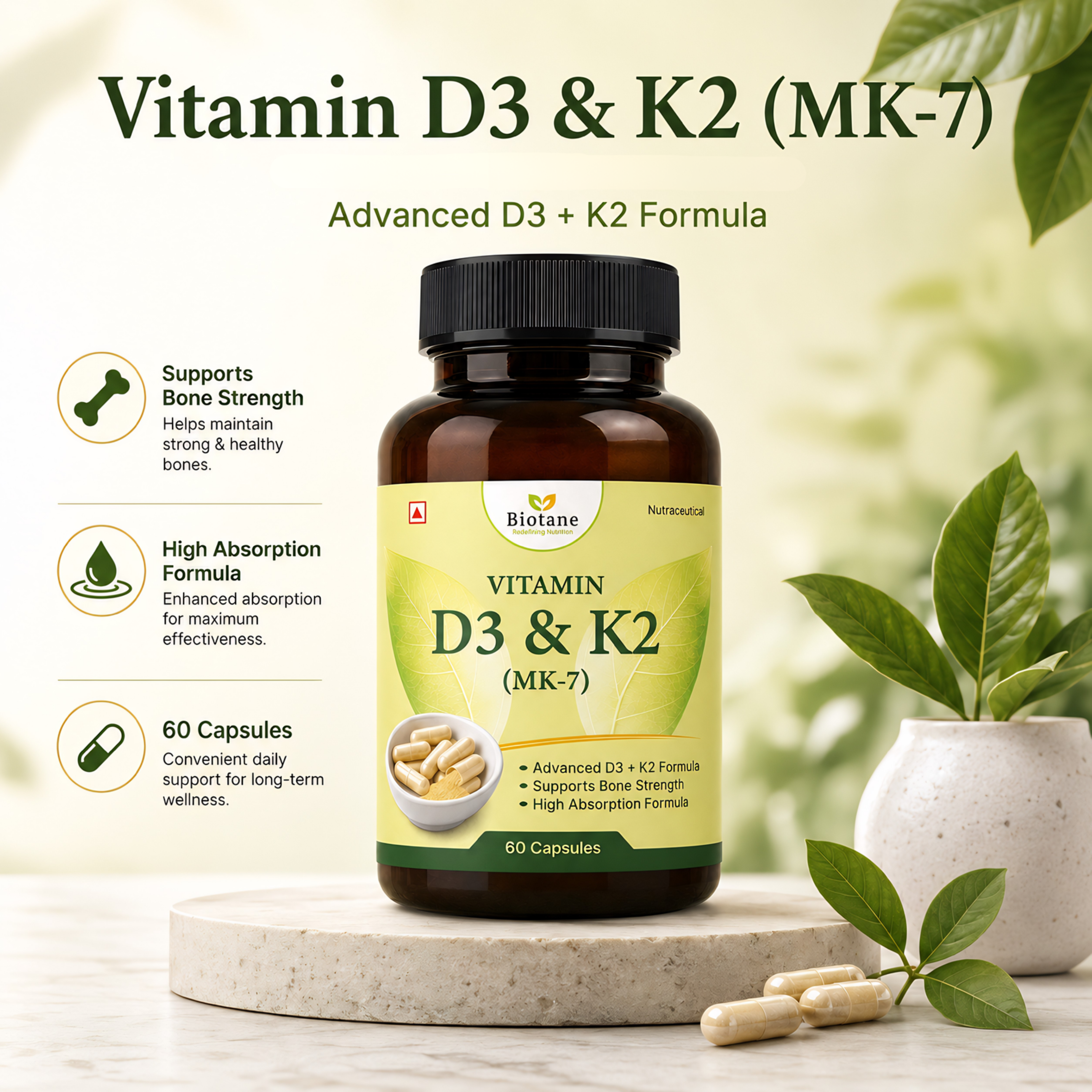 Biotane Vitamin D3&K2 Capsules| Supports Bone Health, Calcium Absorption & Immune Support Supplement | 60 Capsules