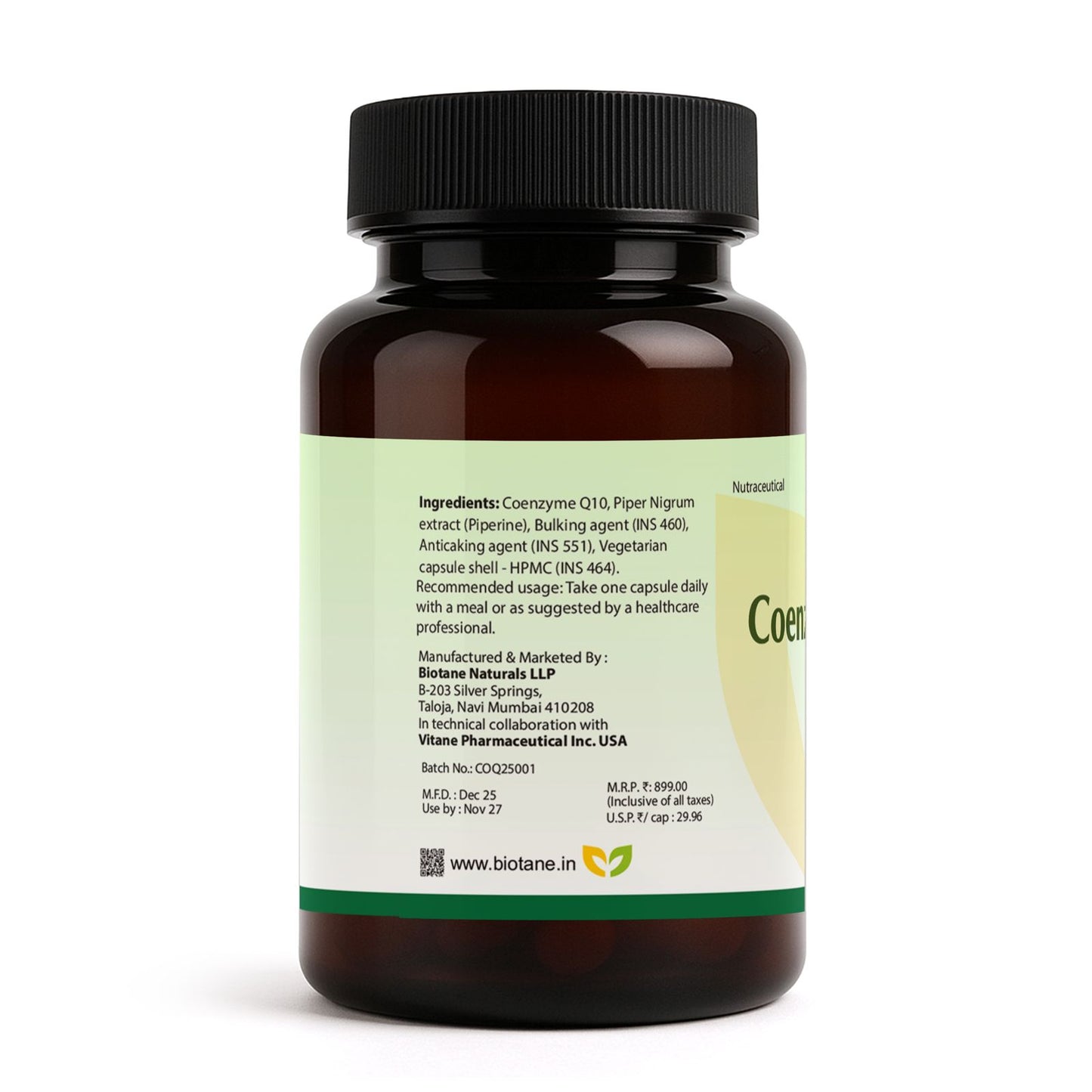 Biotane Coenzyme Q10 Capsules with Piperine 5mg | Antioxidant & Energy Support | Helps Maintain Heart Health & Cellular Wellness | 30 Veg Capsules