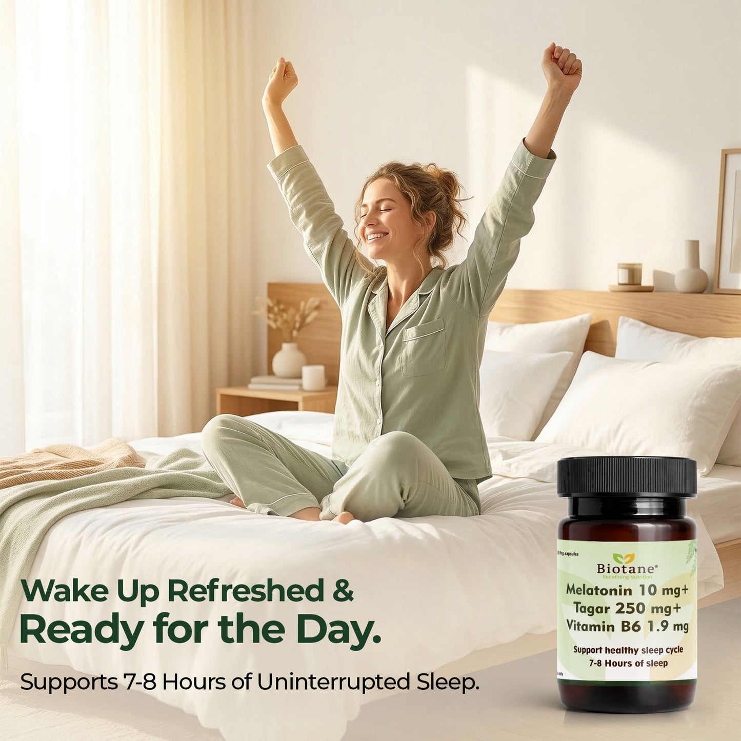 Biotane Naturals Melatonin 10mg + Tagar 250mg + Vitamin B6 1.9mg | Sleep Support Supplement for Men & Women | Helps Support Restful Sleep & Relaxation | Non-Habit Forming | 30 Veg Capsules