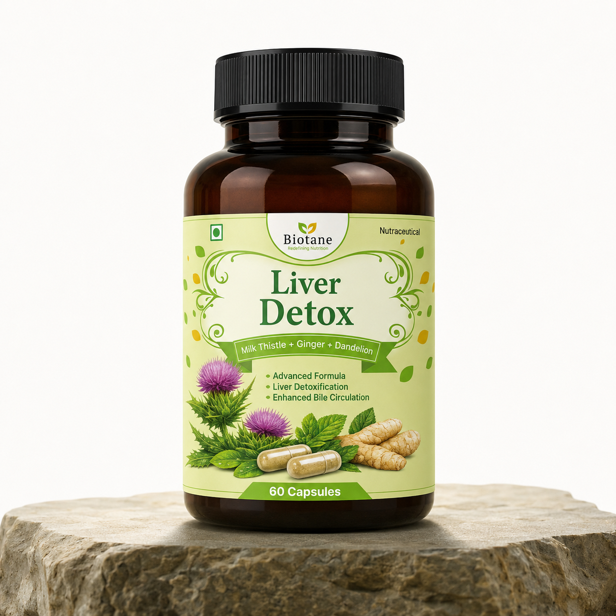 Biotane Liver Detox with Milk Thistle + Dandelion + Ginger | Liver Cleanse, Liver Detoxification & Bile Circulation Support | 60 Veg Capsules