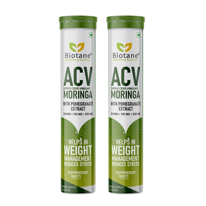 Biotane ACV (Apple Cider Vinegar) with Moringa & Pomegranate Extract Effervescent Tablets | Weight Management & Stress Relief Supplement | Green Apple Flavour – 15 Tablets