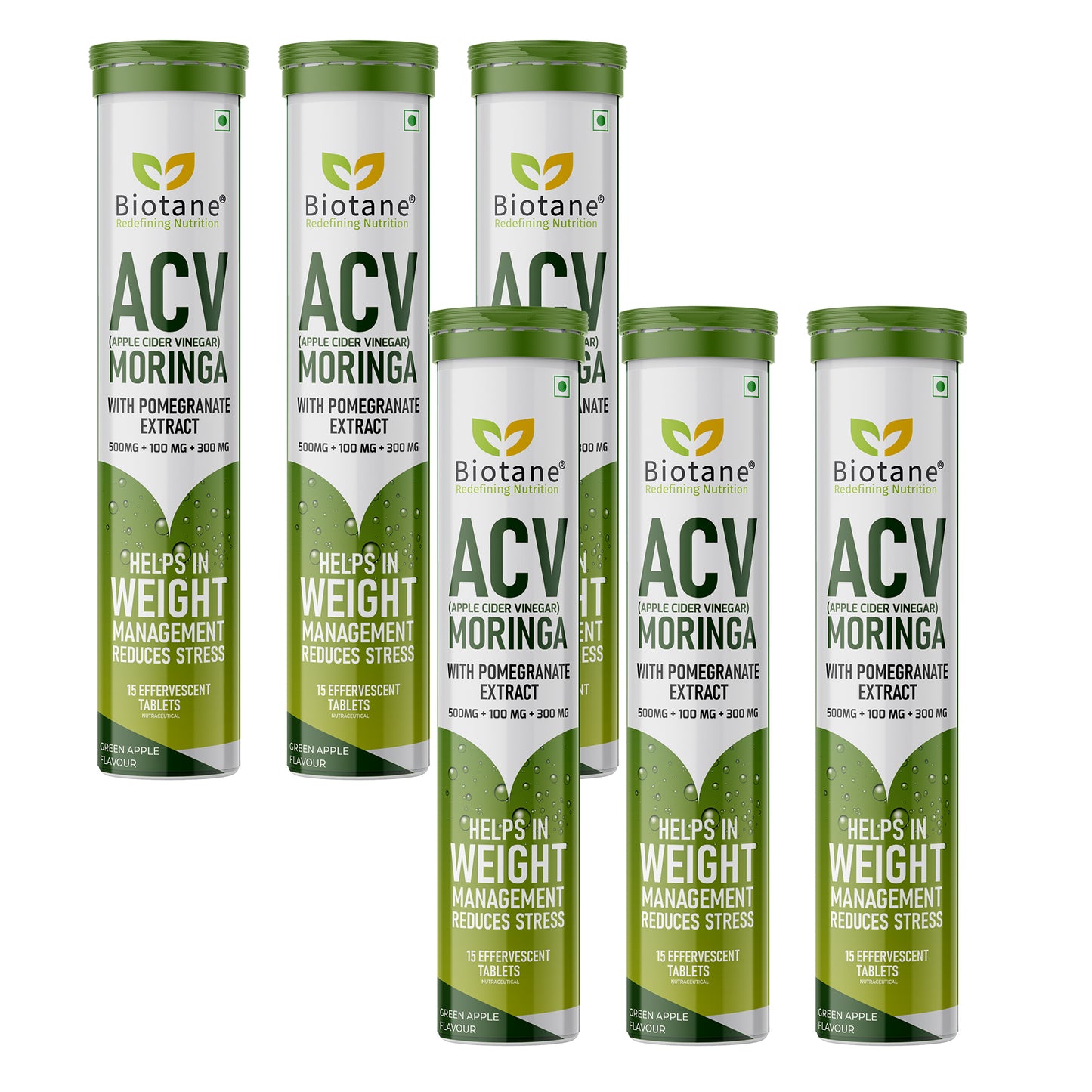 Biotane ACV (Apple Cider Vinegar) with Moringa & Pomegranate Extract Effervescent Tablets | Weight Management & Stress Relief Supplement | Green Apple Flavour – 15 Tablets