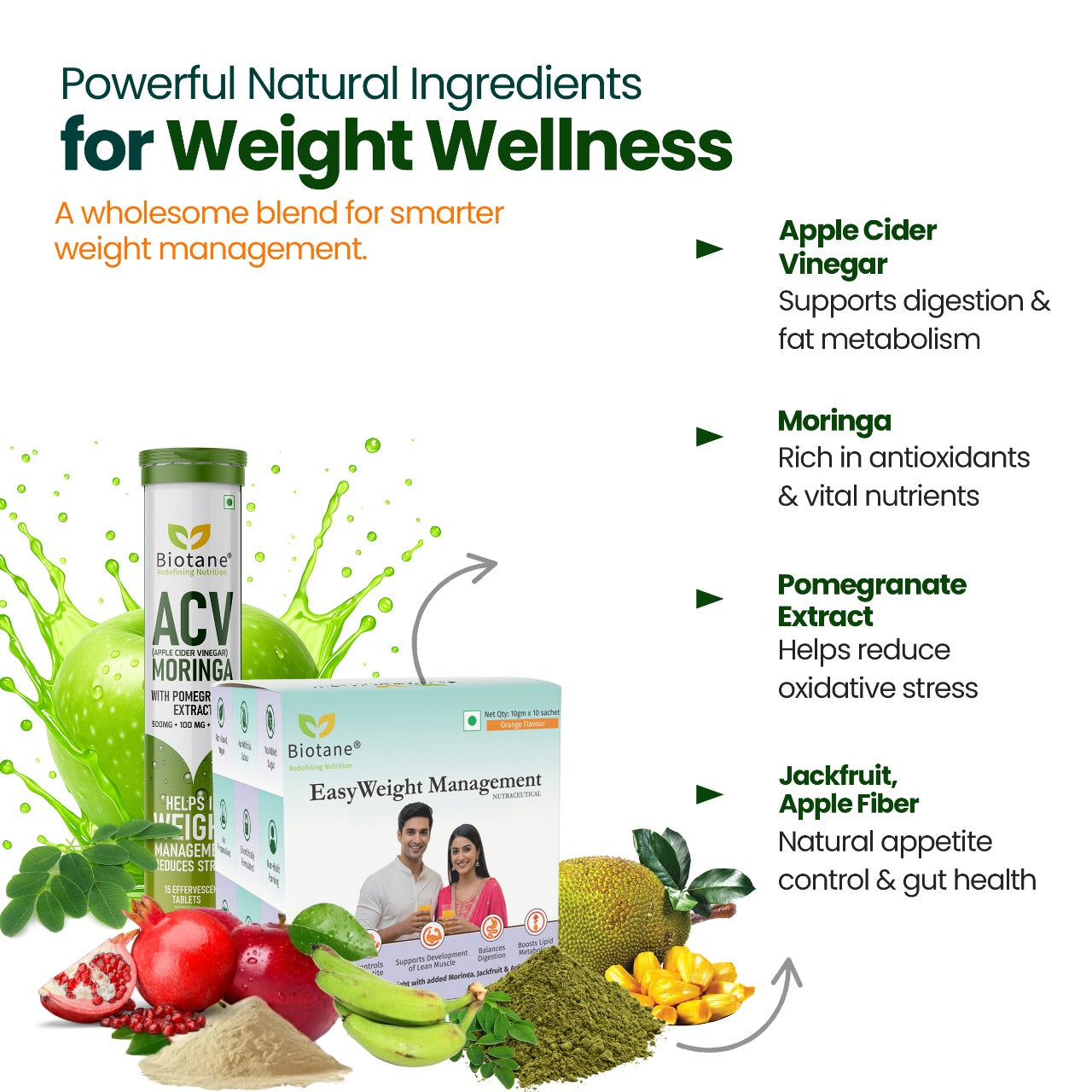 BIOTANE Weight Management DUO - ACV Effervescent with Moringa & Pomegranate (15 Tablets) + EasyWeight Management Powder (10 Sachet), Green Apple & Orange Flavour