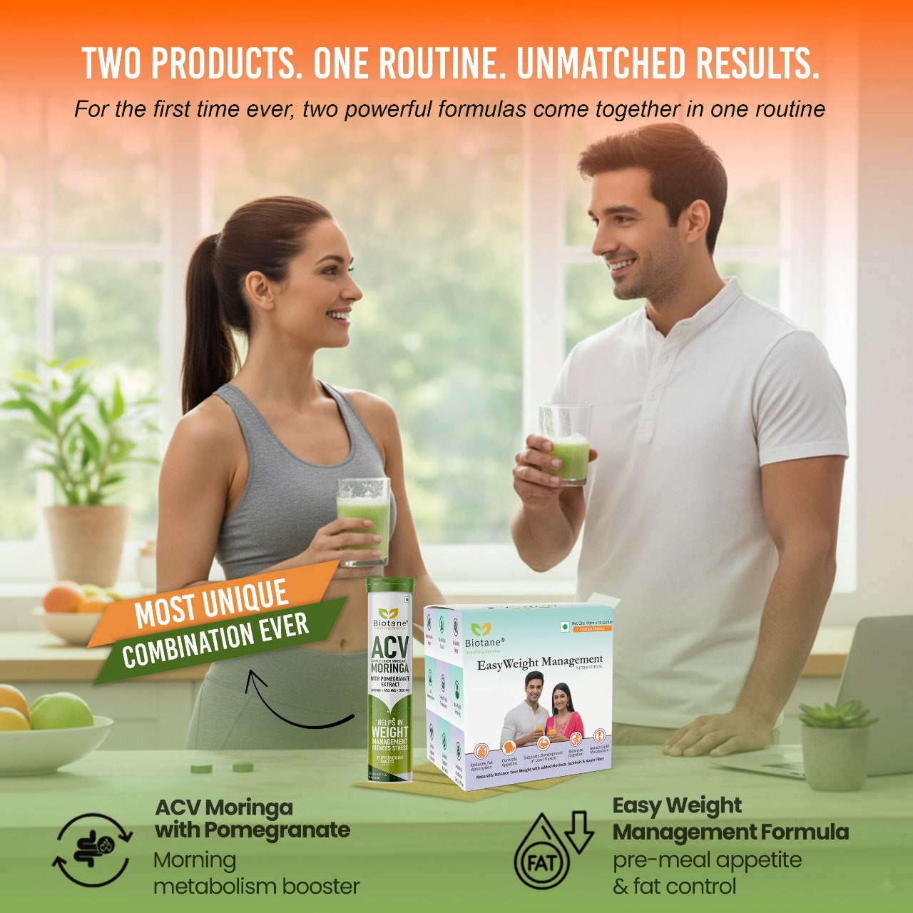 BIOTANE Weight Management DUO - ACV Effervescent with Moringa & Pomegranate (15 Tablets) + EasyWeight Management Powder (10 Sachet), Green Apple & Orange Flavour