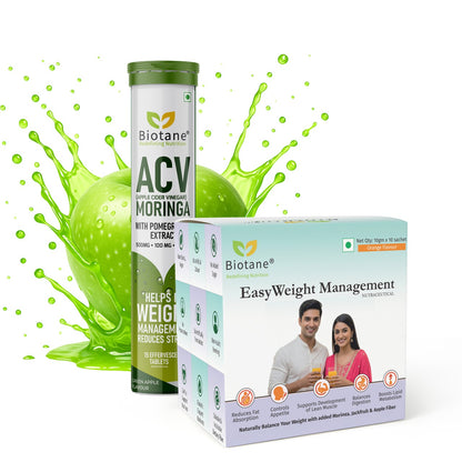 BIOTANE Weight Management DUO - ACV Effervescent with Moringa & Pomegranate (15 Tablets) + EasyWeight Management Powder (10 Sachet), Green Apple & Orange Flavour