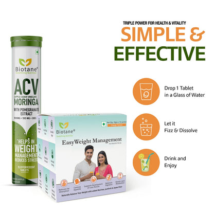 BIOTANE Weight Management DUO - ACV Effervescent with Moringa & Pomegranate (15 Tablets) + EasyWeight Management Powder (10 Sachet), Green Apple & Orange Flavour