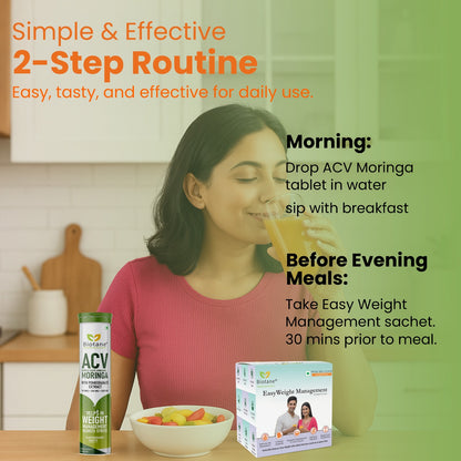 BIOTANE Weight Management DUO - ACV Effervescent with Moringa & Pomegranate (15 Tablets) + EasyWeight Management Powder (10 Sachet), Green Apple & Orange Flavour
