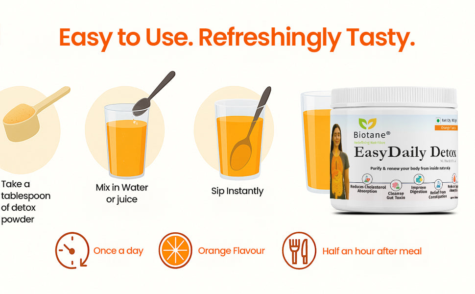 Biotane EasyDaily Detox for instant Gut Cleanse | Removes Toxins | Reduces Cholesterol | Refresh your body and mind | Everyday Freshness, Orange Flavor| 100 gm pack