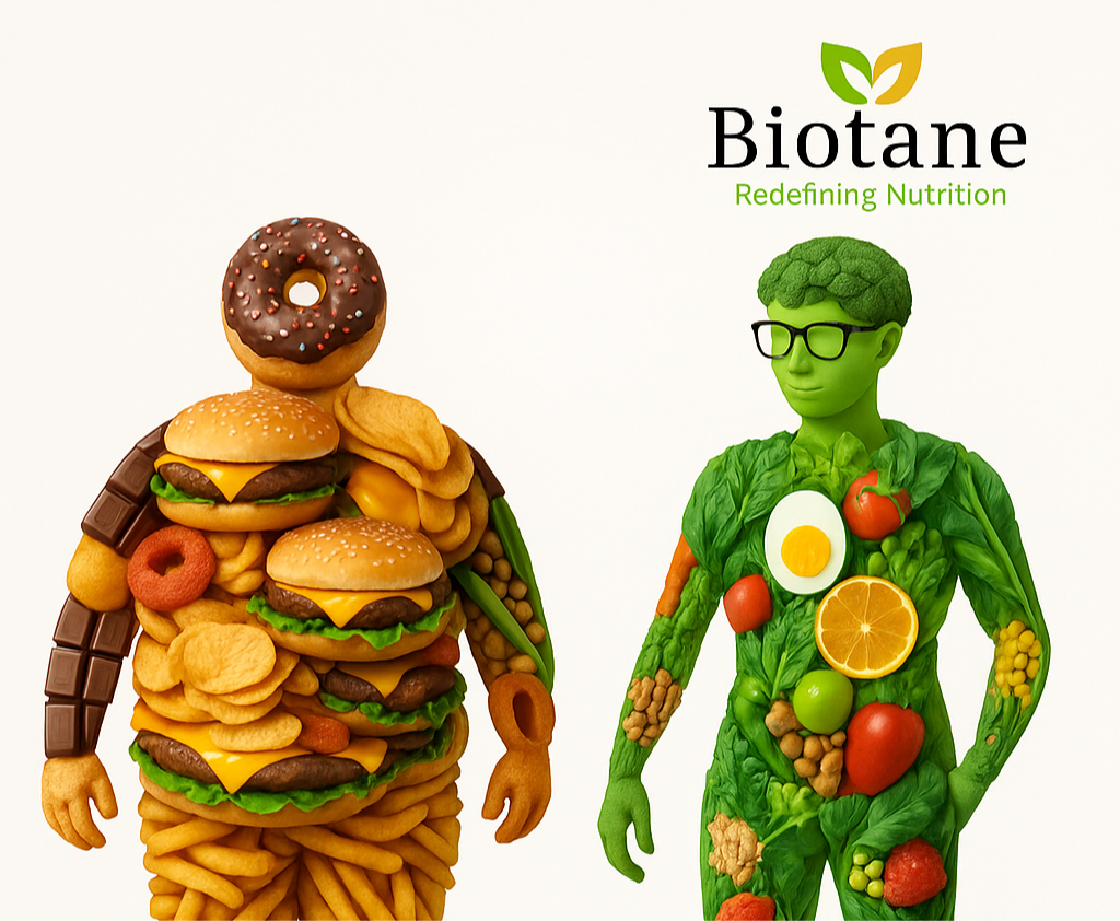 Biotane Natural . The figure on the left is constructed from unhealthy foods like burgers, fries, chips, donuts, and chocolate, representing a junk food diet. The figure on the right is made from leafy greens, fruits, vegetables, eggs, and legumes, symbolizing a healthy, fiber-rich diet. Both figures stand side by side under the Biotane logo with the tagline "Redefining Nutrition," reinforcing the brand’s message of promoting healthier eating habits with dail