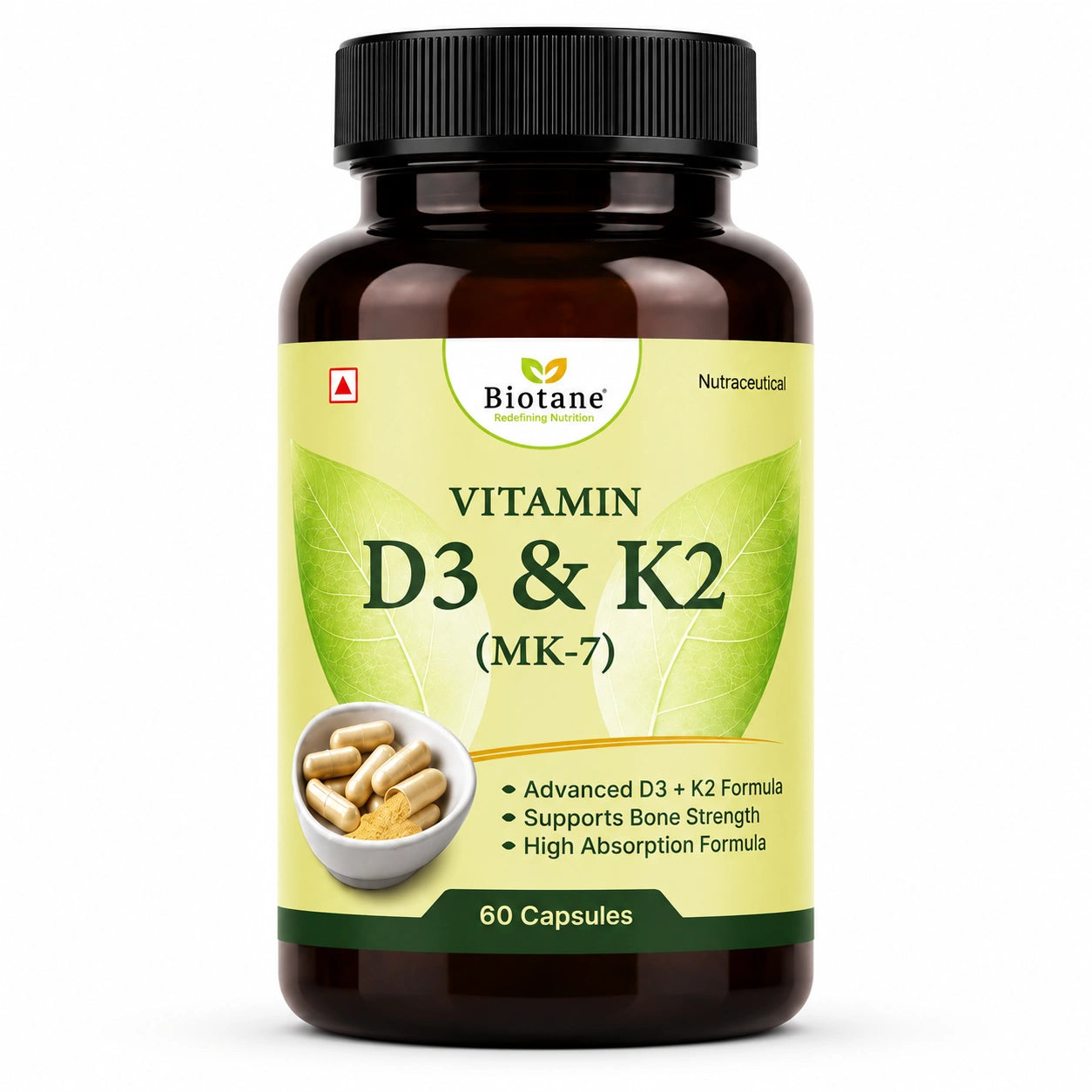 Biotane Vitamin D3&K2 Capsules| Supports Bone Health, Calcium Absorption & Immune Support Supplement | 60 Capsules