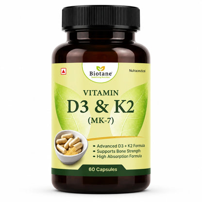 Biotane Vitamin D3&K2 Capsules| Supports Bone Health, Calcium Absorption & Immune Support Supplement | 60 Capsules