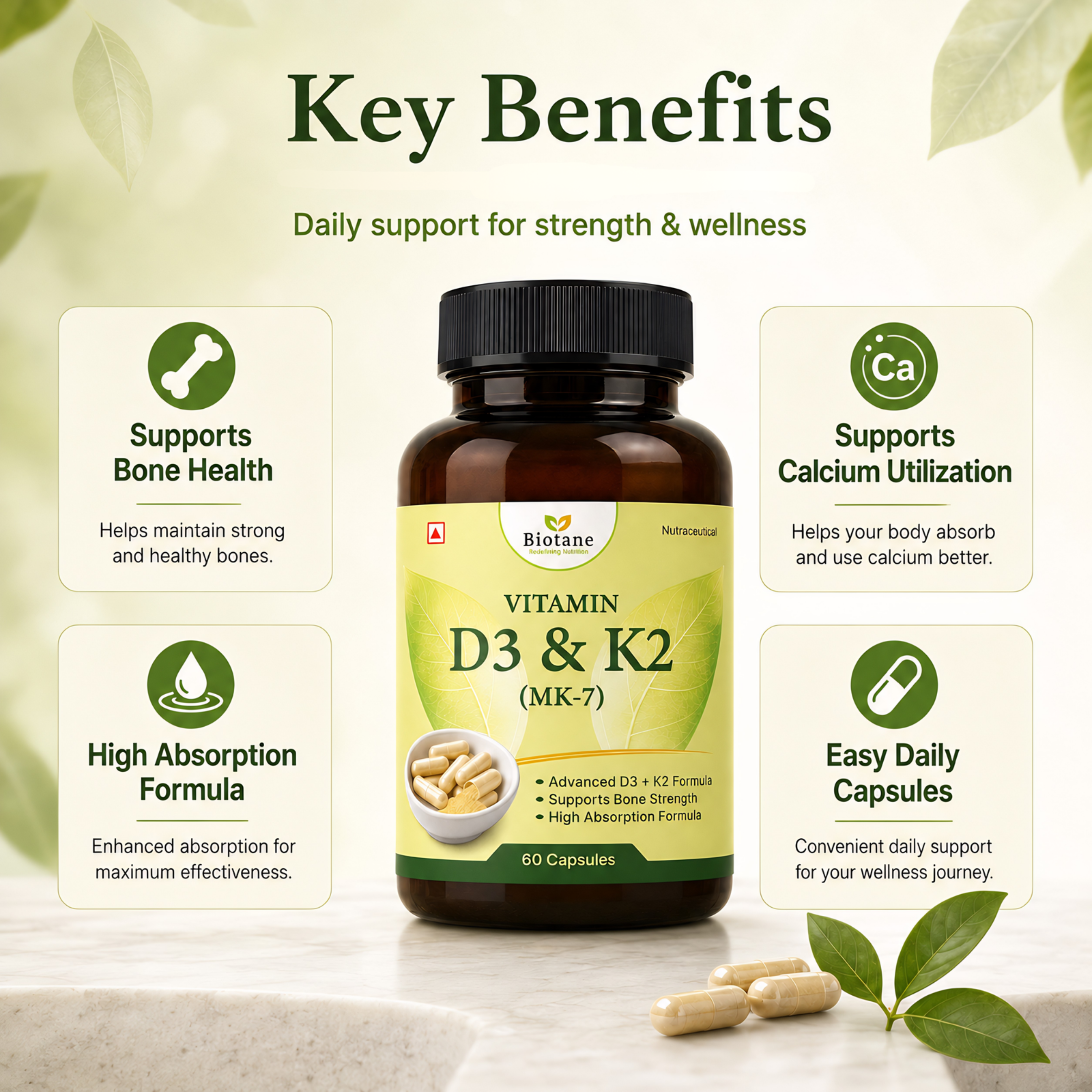 Biotane Vitamin D3&K2 Capsules| Supports Bone Health, Calcium Absorption & Immune Support Supplement | 60 Capsules