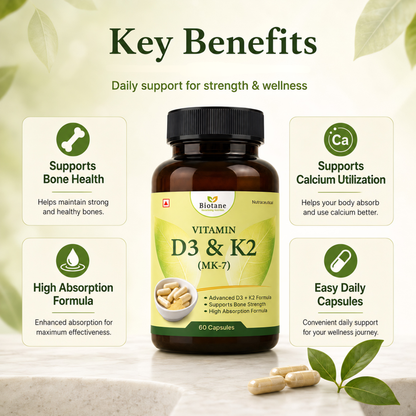 Biotane Vitamin D3&K2 Capsules| Supports Bone Health, Calcium Absorption & Immune Support Supplement | 60 Capsules