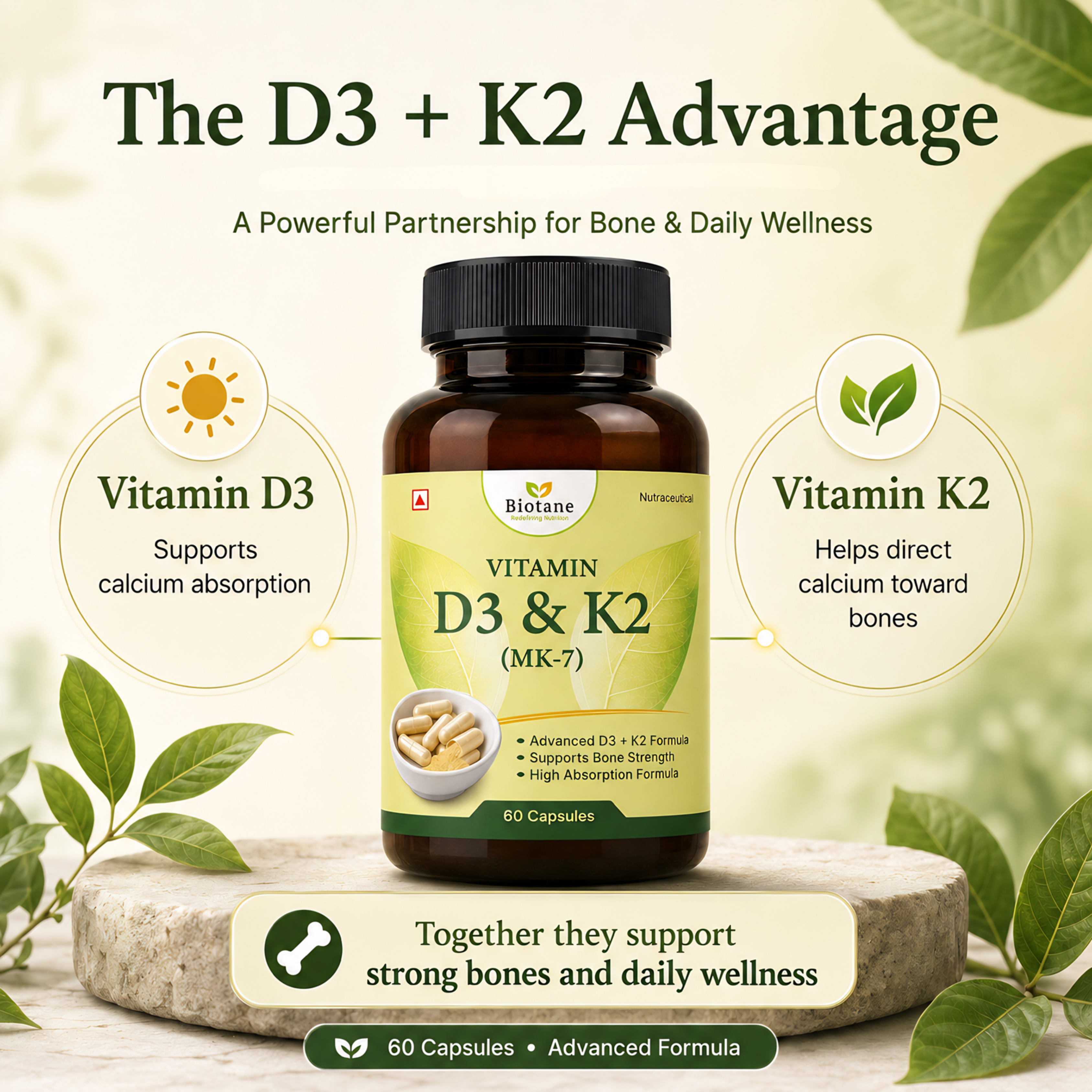 Biotane Vitamin D3&K2 Capsules| Supports Bone Health, Calcium Absorption & Immune Support Supplement | 60 Capsules