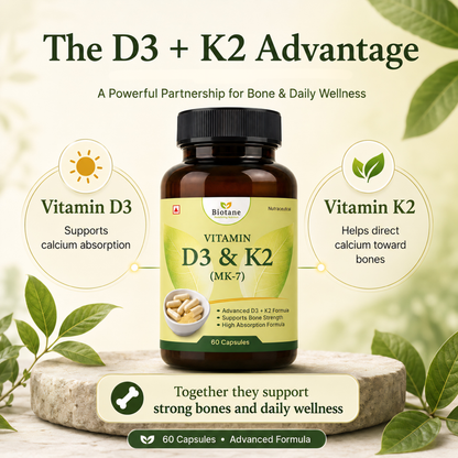 Biotane Vitamin D3&K2 Capsules| Supports Bone Health, Calcium Absorption & Immune Support Supplement | 60 Capsules