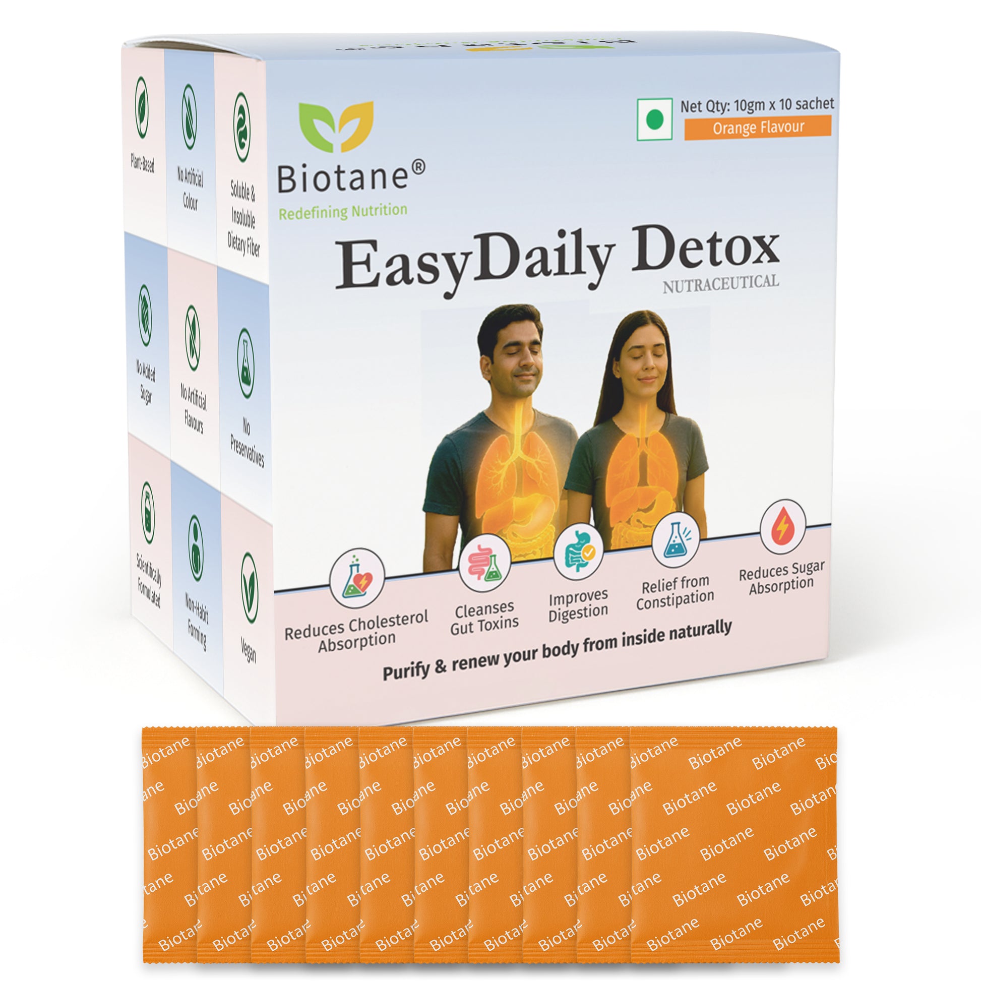 Biotane EasyDaily Detox for instant Gut Cleanse | Removes Toxins | Reduces Cholesterol | Refresh your body and mind | Everday Freshness (10gm x 10 Sachet, Orange Flavour)