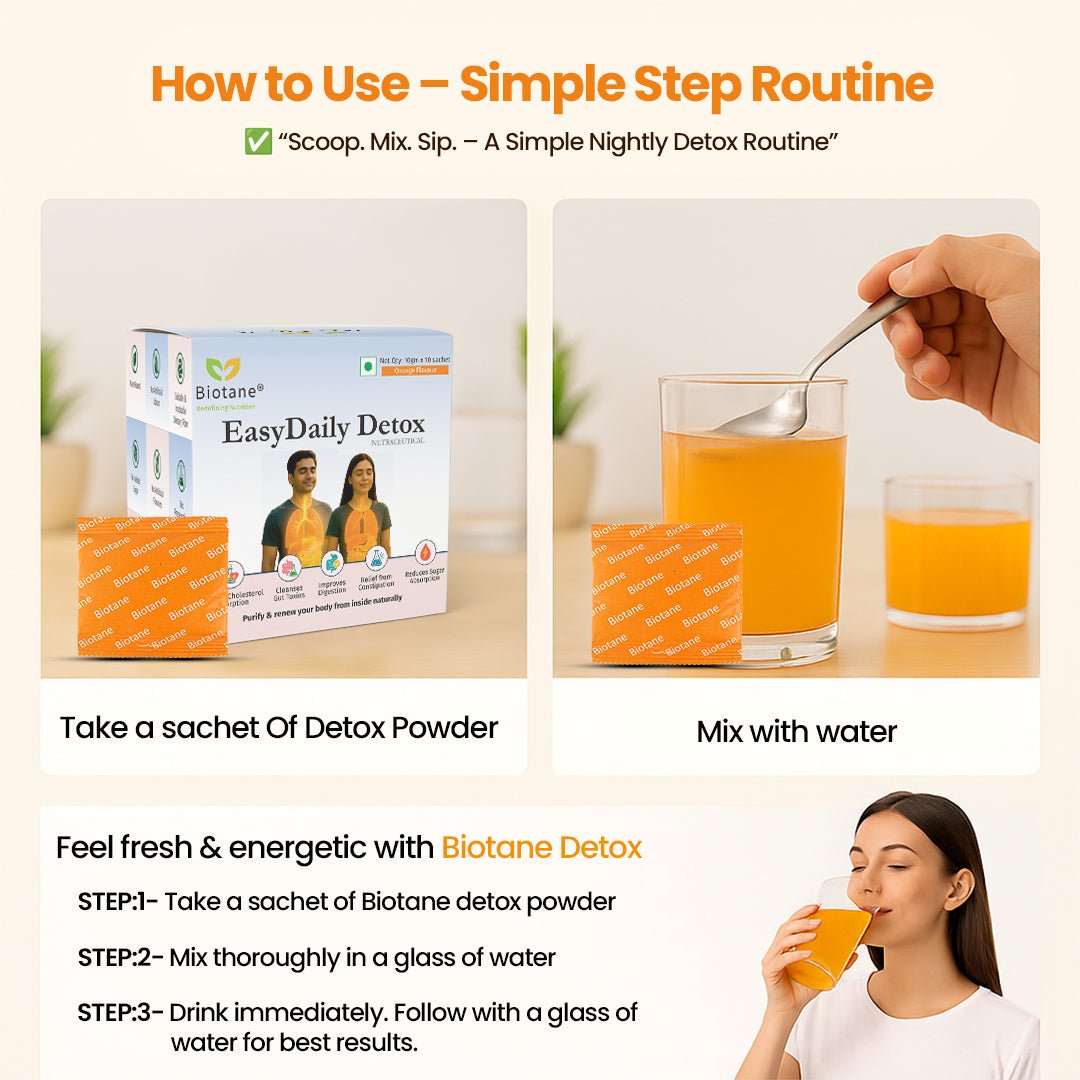 Biotane EasyDaily Detox for instant Gut Cleanse | Removes Toxins | Reduces Cholesterol | Refresh your body and mind | Everday Freshness (10gm x 10 Sachet, Orange Flavour)
