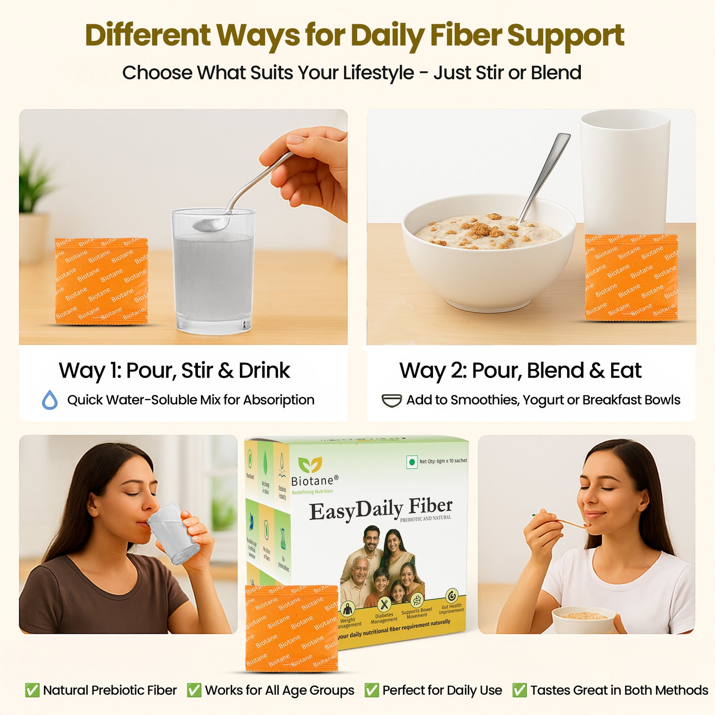 Biotane EasyDaily Fiber | Prebiotic Fiber for Gut Health Support |  Unflavored  | Convenient Sachet pack (6gm X 10 Sachet)