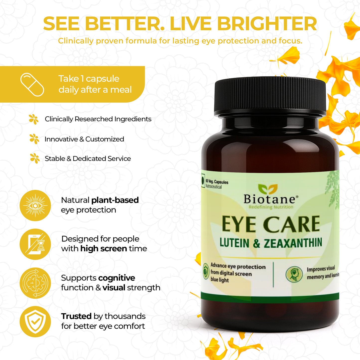 Biotane Eye Care – Daily Blue Light Protection | Lutein + Zeaxanthin | Eye Strain Relief | Screen Protection for Eyes | 60 Veg Capsules