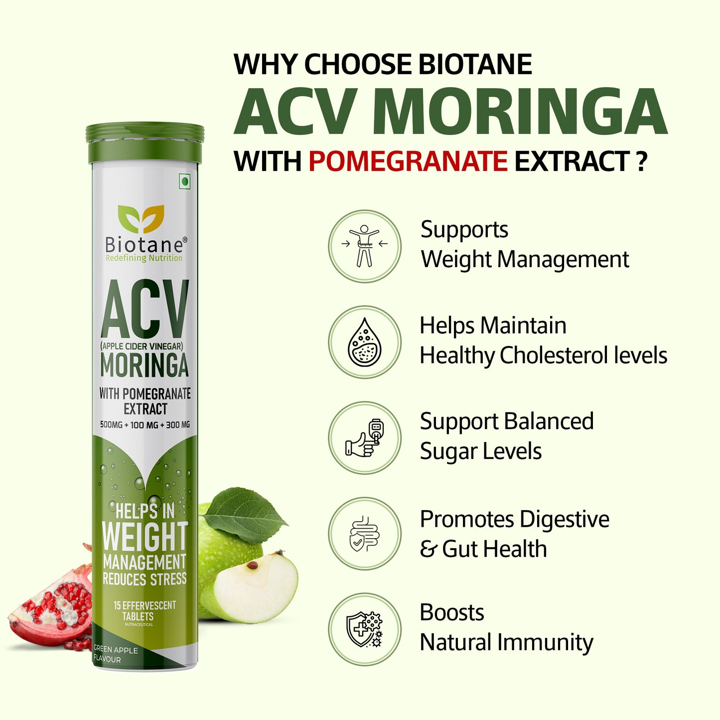 Biotane ACV (Apple Cider Vinegar) with Moringa & Pomegranate Extract Effervescent Tablets | Weight Management & Stress Relief Supplement | Green Apple Flavour – 15 Tablets