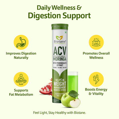 Biotane ACV (Apple Cider Vinegar) with Moringa & Pomegranate Extract Effervescent Tablets | Weight Management & Stress Relief Supplement | Green Apple Flavour – 15 Tablets