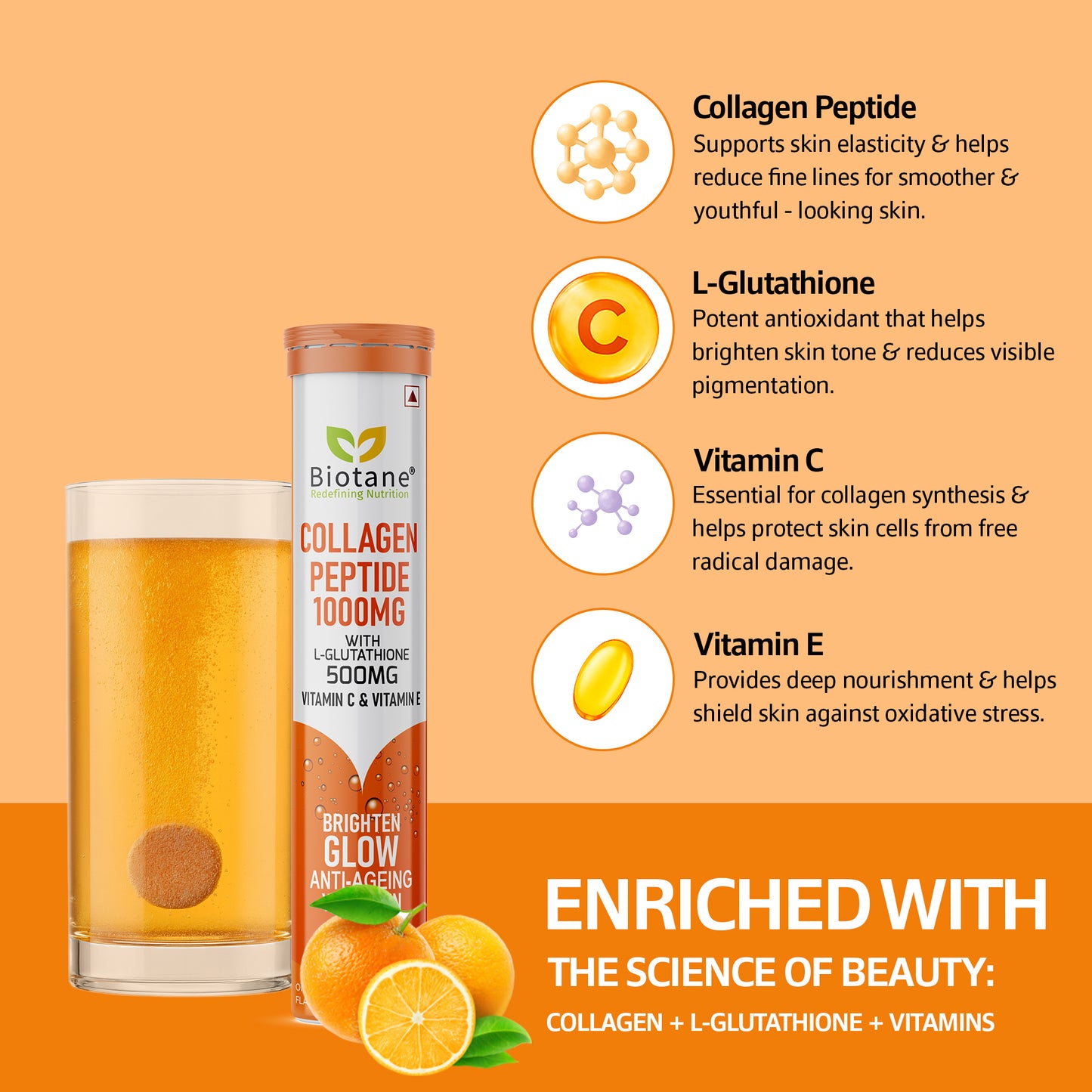 Biotane Collagen Peptides 1000mg + 500mg L-Glutathione, Vitamin C & E (15 Tablets)