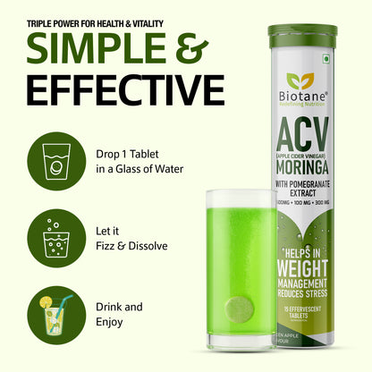 Biotane ACV (Apple Cider Vinegar) with Moringa & Pomegranate Extract Effervescent Tablets | Weight Management & Stress Relief Supplement | Green Apple Flavour – 15 Tablets