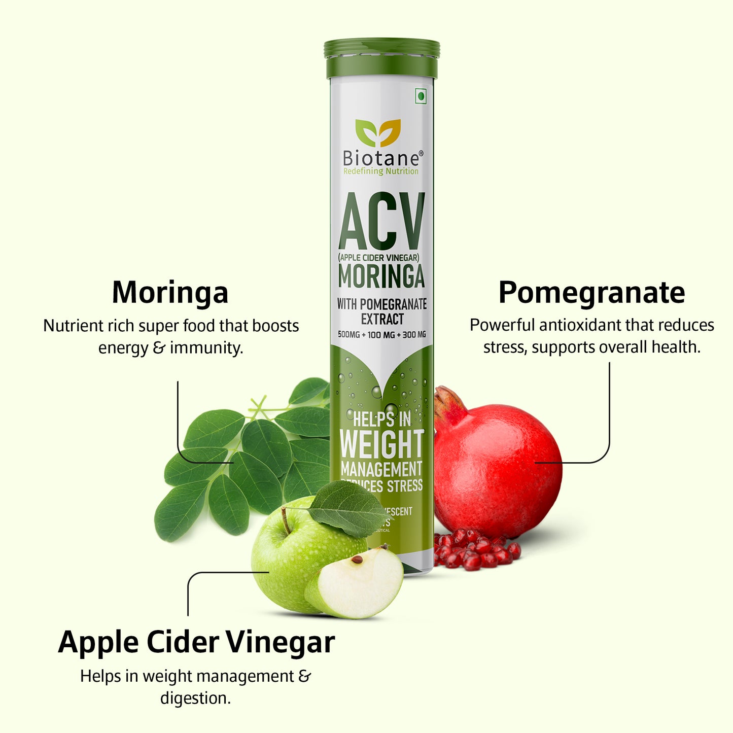 Biotane ACV (Apple Cider Vinegar) with Moringa & Pomegranate Extract Effervescent Tablets | Weight Management & Stress Relief Supplement | Green Apple Flavour – 15 Tablets