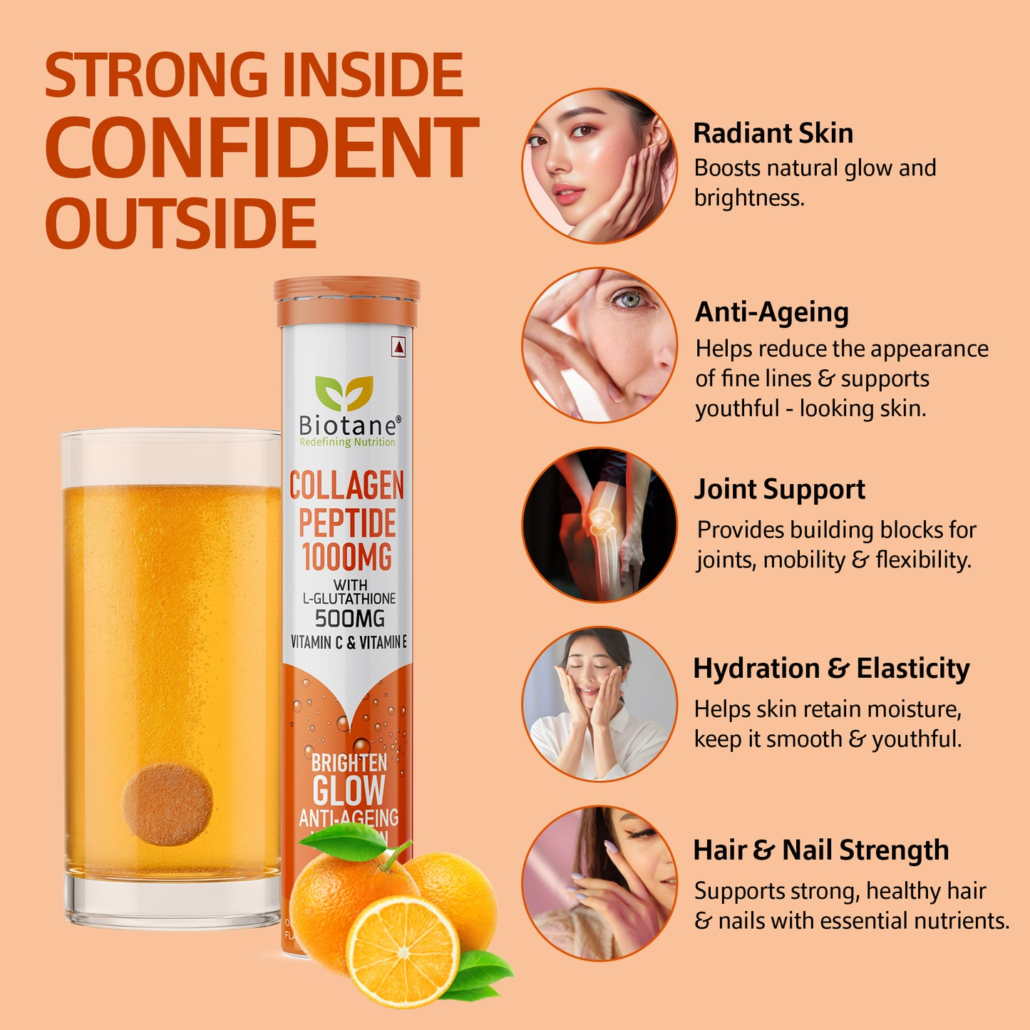 Biotane Collagen Peptides 1000mg + 500mg L-Glutathione, Vitamin C & E (15 Tablets)