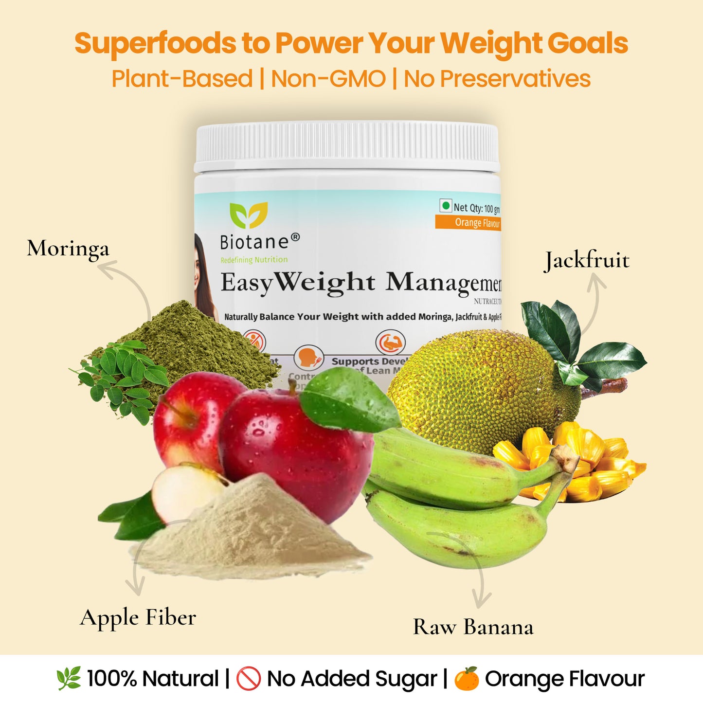 Biotane EasyWeight Management Powder | Weight loss, Controls Appetite, Reduces Fat Absorption Naturally | Orange Flavour | 100 gm Pack
