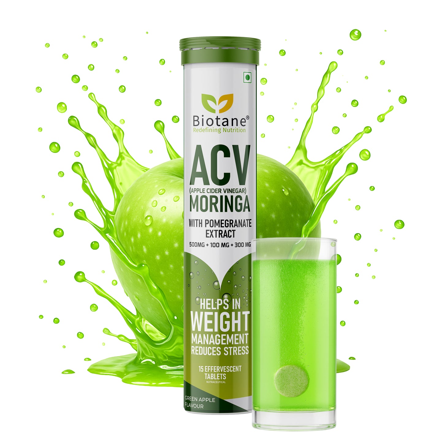 Biotane ACV (Apple Cider Vinegar) with Moringa & Pomegranate Extract Effervescent Tablets | Weight Management & Stress Relief Supplement | Green Apple Flavour – 15 Tablets