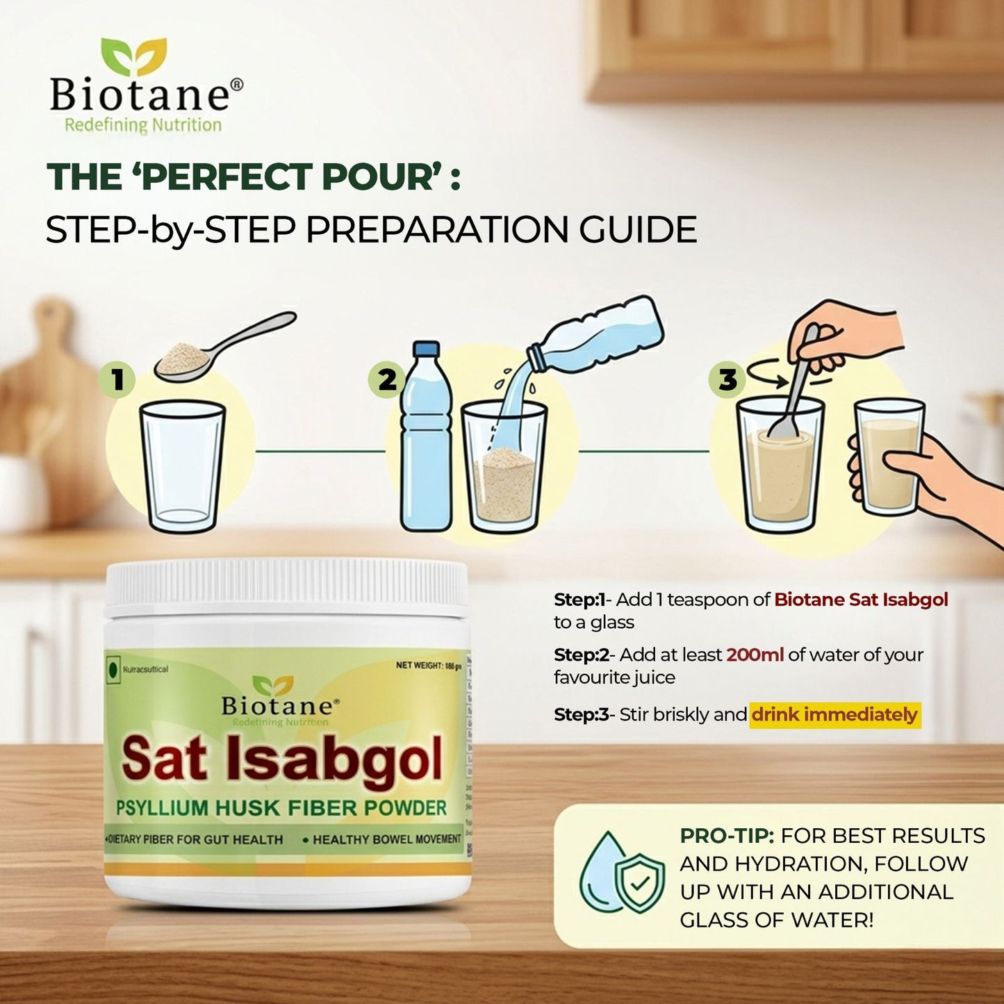 Biotane Naturals Sat Isabgol 180g | 100% Natural Psyllium Husk Powder | High Fiber Digestive Support | Helps Relieve Constipation & Improve Gut Health | Plant-Based Dietary Fiber Supplement