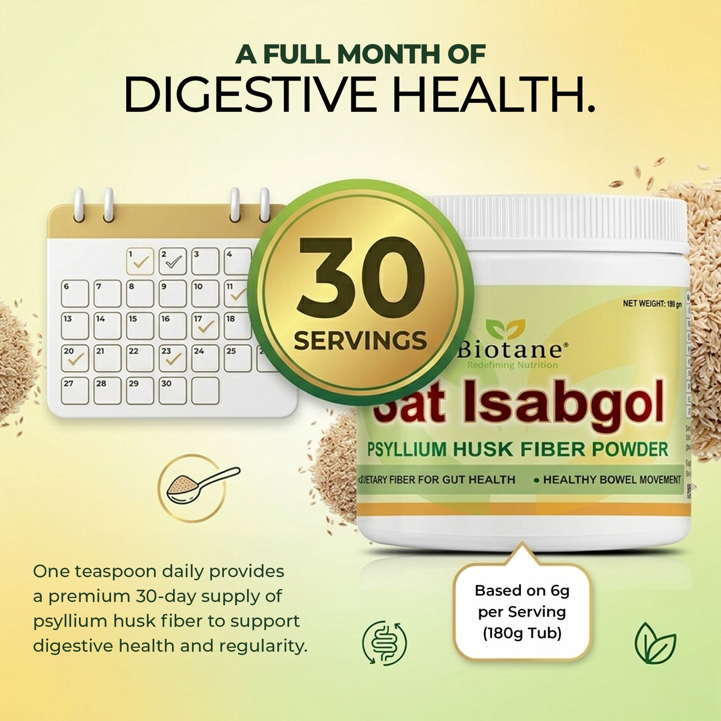 Biotane Naturals Sat Isabgol 180g | 100% Natural Psyllium Husk Powder | High Fiber Digestive Support | Helps Relieve Constipation & Improve Gut Health | Plant-Based Dietary Fiber Supplement