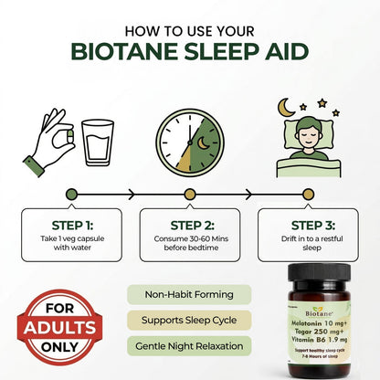 Biotane Naturals Melatonin 10mg + Tagar 250mg + Vitamin B6 1.9mg | Sleep Support Supplement for Men & Women | Helps Support Restful Sleep & Relaxation | Non-Habit Forming | 30 Veg Capsules