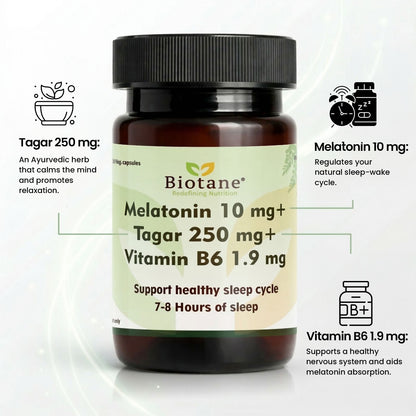 Biotane Naturals Melatonin 10mg + Tagar 250mg + Vitamin B6 1.9mg | Sleep Support Supplement for Men & Women | Helps Support Restful Sleep & Relaxation | Non-Habit Forming | 30 Veg Capsules