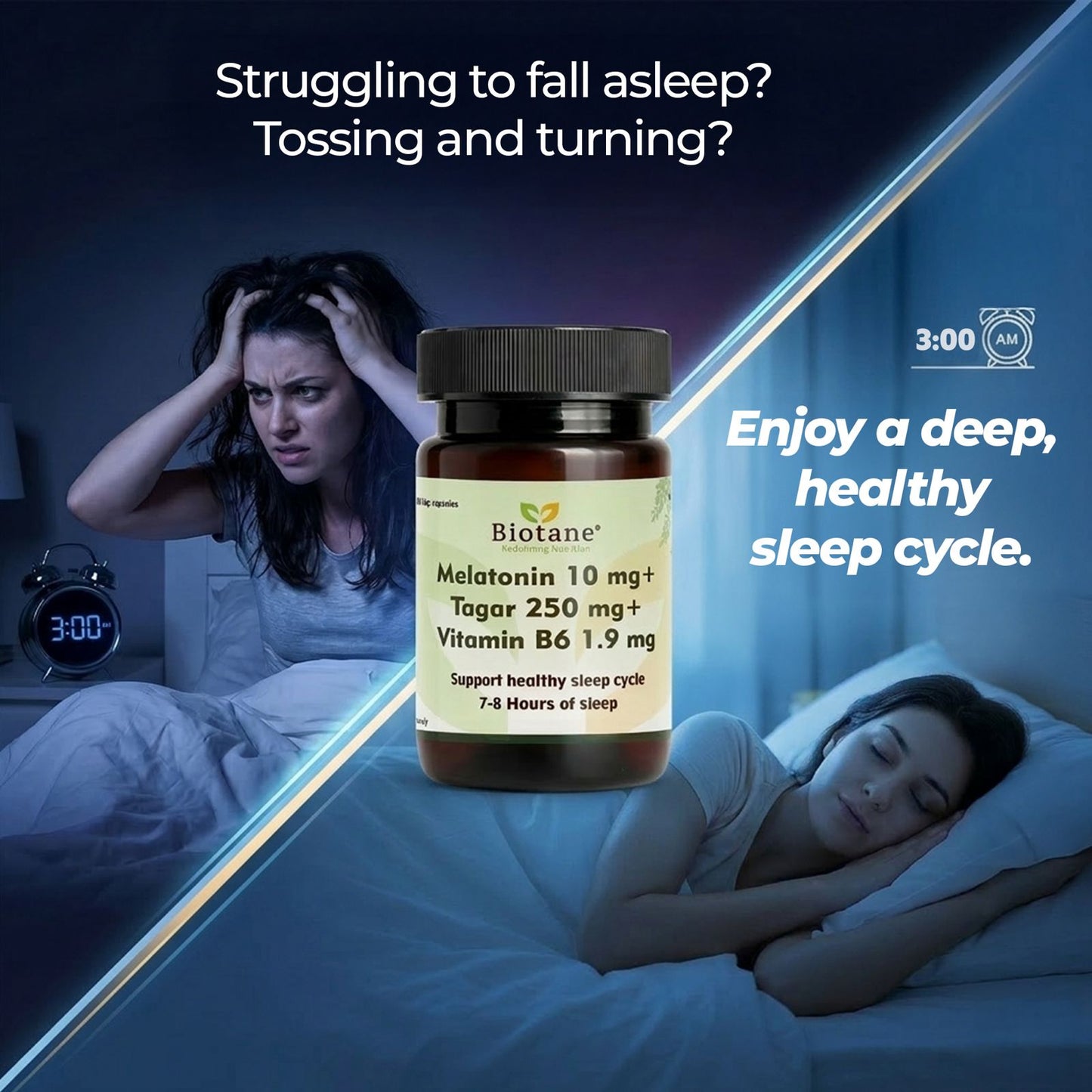 Biotane Naturals Melatonin 10mg + Tagar 250mg + Vitamin B6 1.9mg | Sleep Support Supplement for Men & Women | Helps Support Restful Sleep & Relaxation | Non-Habit Forming | 30 Veg Capsules