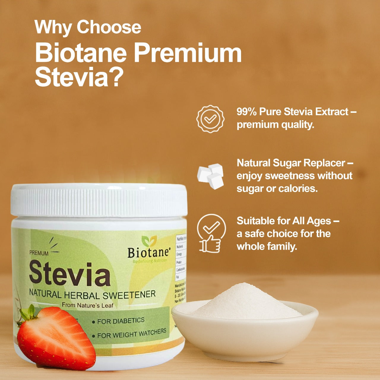 Biotane Premium Stevia Natural Sugar replacer, Zero Calorie Natural Sweetener | 200 gm Pack | Keto & Diabetic Friendly