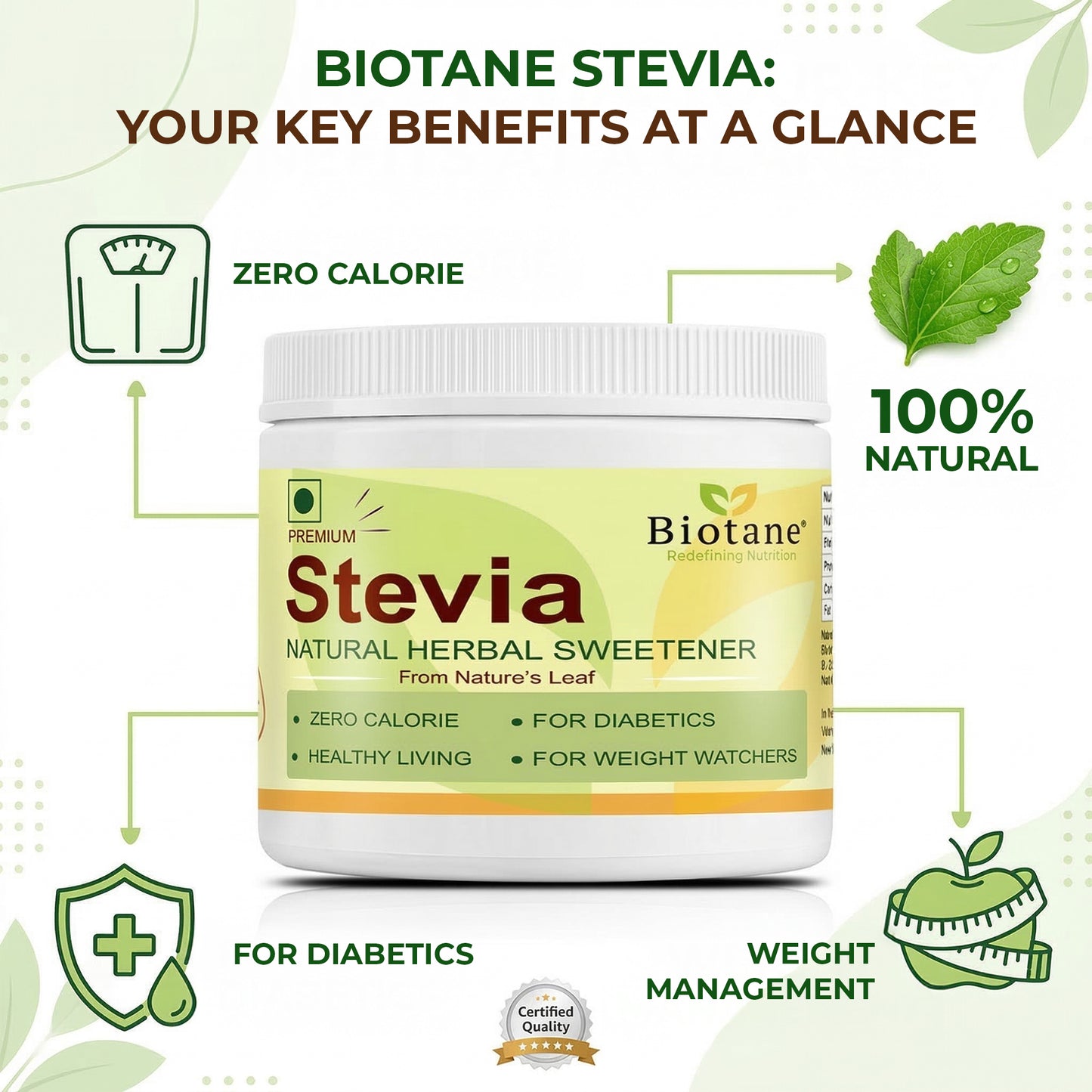 Biotane Premium Stevia Natural Sugar replacer, Zero Calorie Natural Sweetener | Keto & Diabetic Friendly| 200 gm Pack