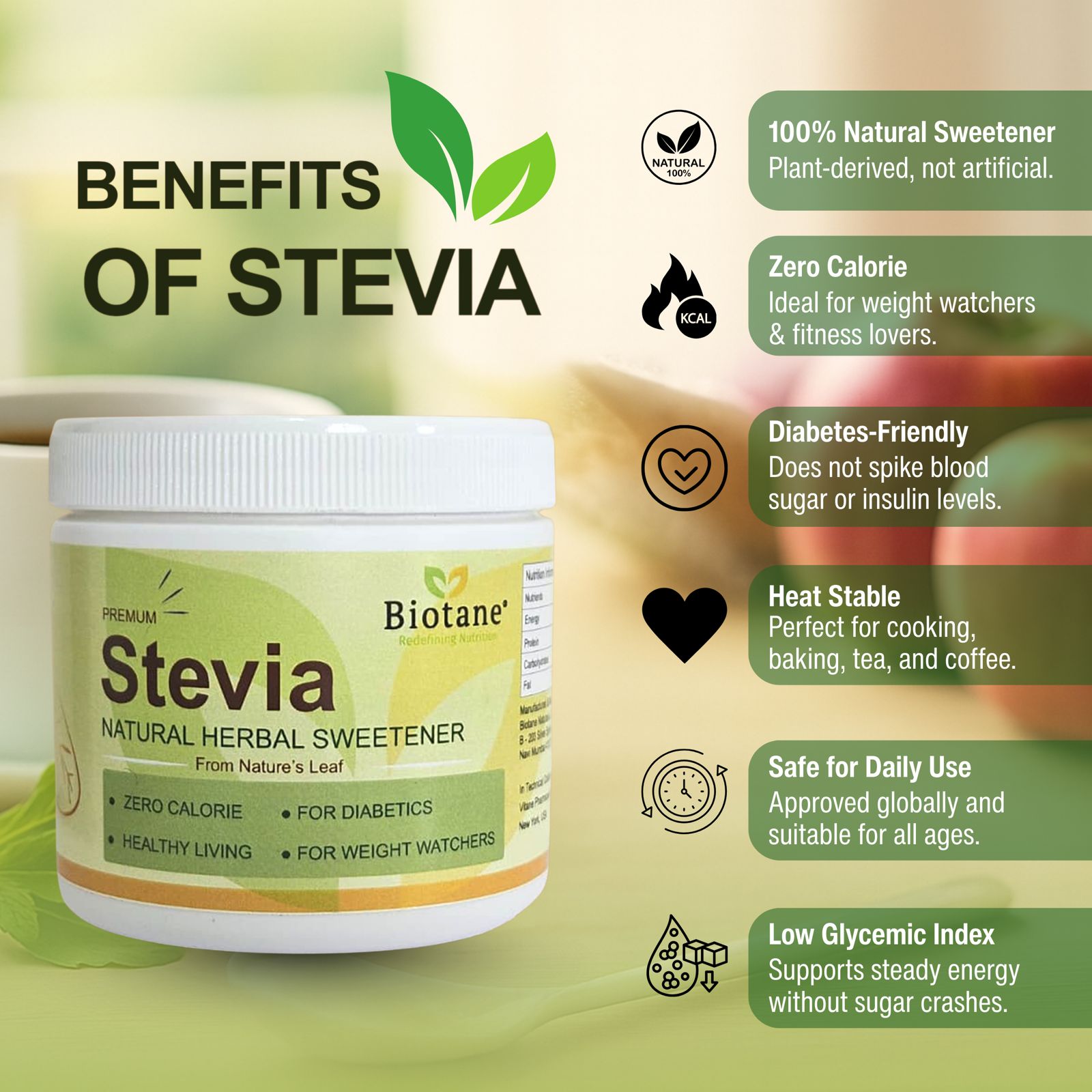Biotane Premium Stevia Natural Sugar replacer, Zero Calorie Natural Sweetener | 200 gm Pack | Keto & Diabetic Friendly