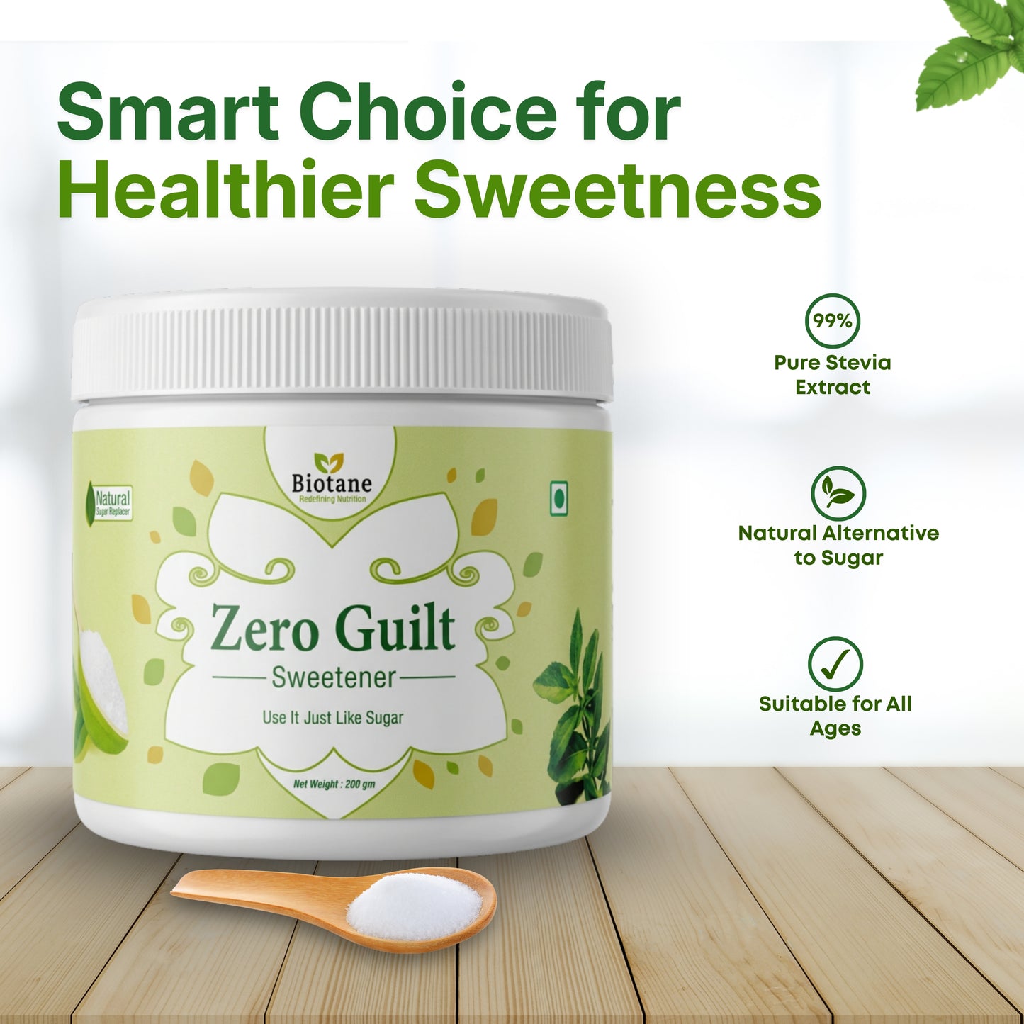 Biotane Zero Guilt Sweetener | Taste Like Sugar & Use Like Sugar | 1:1 Sugar Replacer for Cooking & Baking | Zero Calorie | Sugar Free | Keto & Diabetic Friendly – 200g