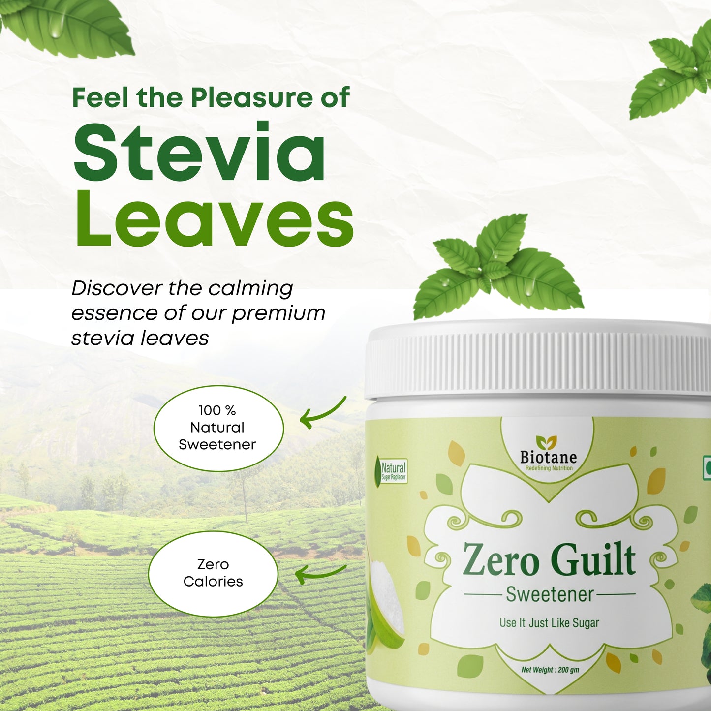 Biotane Zero Guilt Sweetener | Taste Like Sugar & Use Like Sugar | 1:1 Sugar Replacer for Cooking & Baking | Zero Calorie | Sugar Free | Keto & Diabetic Friendly – 200g