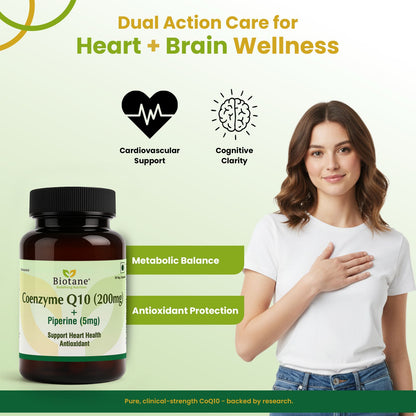 Biotane Coenzyme Q10 Capsules with Piperine 5mg | Antioxidant & Energy Support | Helps Maintain Heart Health & Cellular Wellness | 30 Veg Capsules