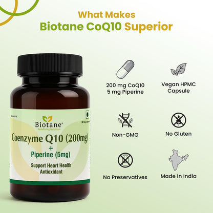 Biotane Coenzyme Q10 Capsules with Piperine 5mg | Antioxidant & Energy Support | Helps Maintain Heart Health & Cellular Wellness | 30 Veg Capsules