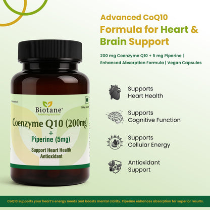 Biotane Coenzyme Q10 Capsules with Piperine 5mg | Antioxidant & Energy Support | Helps Maintain Heart Health & Cellular Wellness | 30 Veg Capsules
