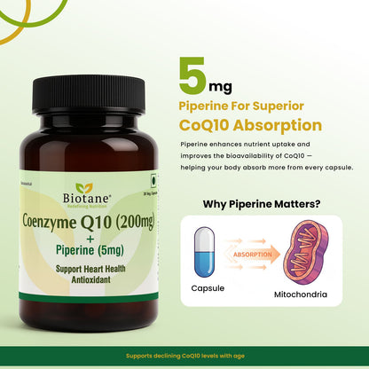 Biotane Coenzyme Q10 Capsules with Piperine 5mg | Antioxidant & Energy Support | Helps Maintain Heart Health & Cellular Wellness | 30 Veg Capsules