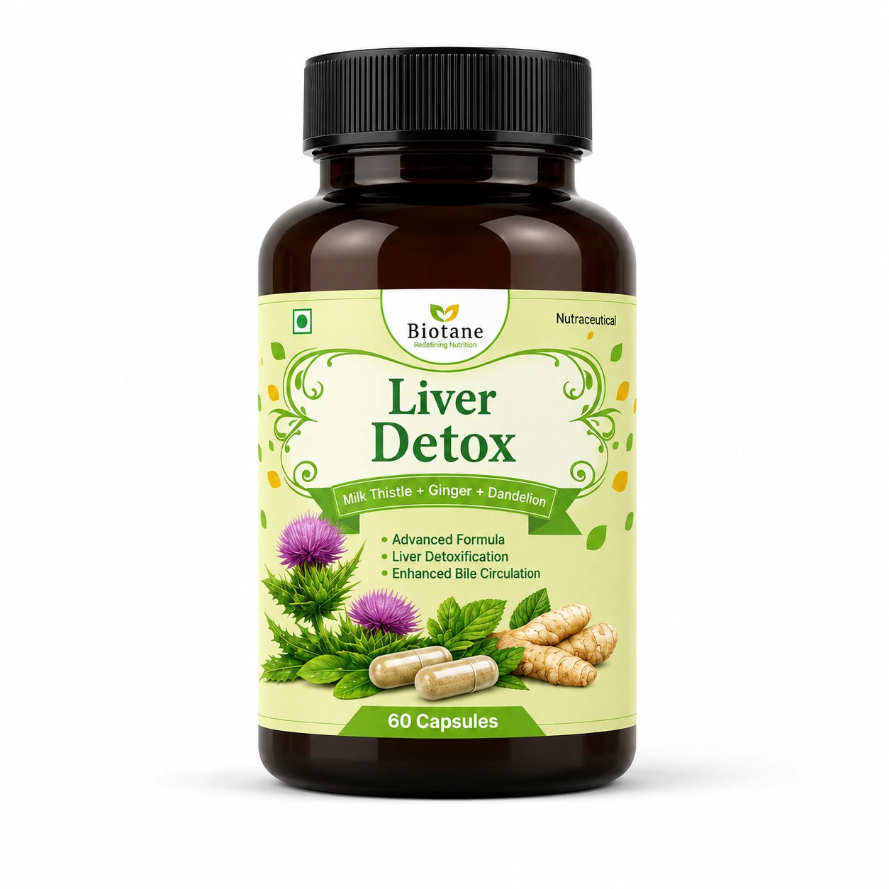 Biotane Daily Liver Detox with Milk Thistle + Dandelion + Ginger | Liver Support & Bile Circulation Support | 60 Veg Capsules