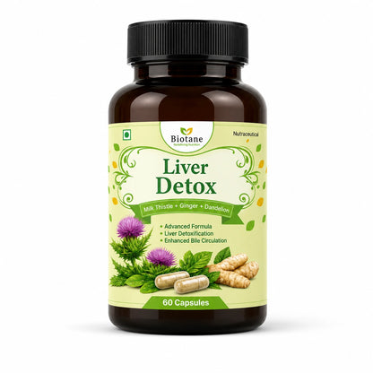 Biotane Daily Liver Detox with Milk Thistle + Dandelion + Ginger | Liver Support & Bile Circulation Support | 60 Veg Capsules
