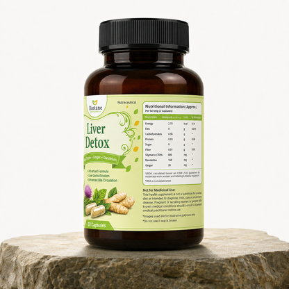 Biotane Liver Detox with Milk Thistle + Dandelion + Ginger | Liver Cleanse, Liver Detoxification & Bile Circulation Support | 60 Veg Capsules