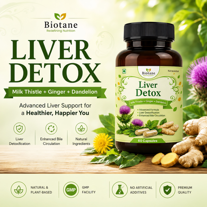 Biotane Liver Detox with Milk Thistle + Dandelion + Ginger | Liver Cleanse, Liver Detoxification & Bile Circulation Support | 60 Veg Capsules